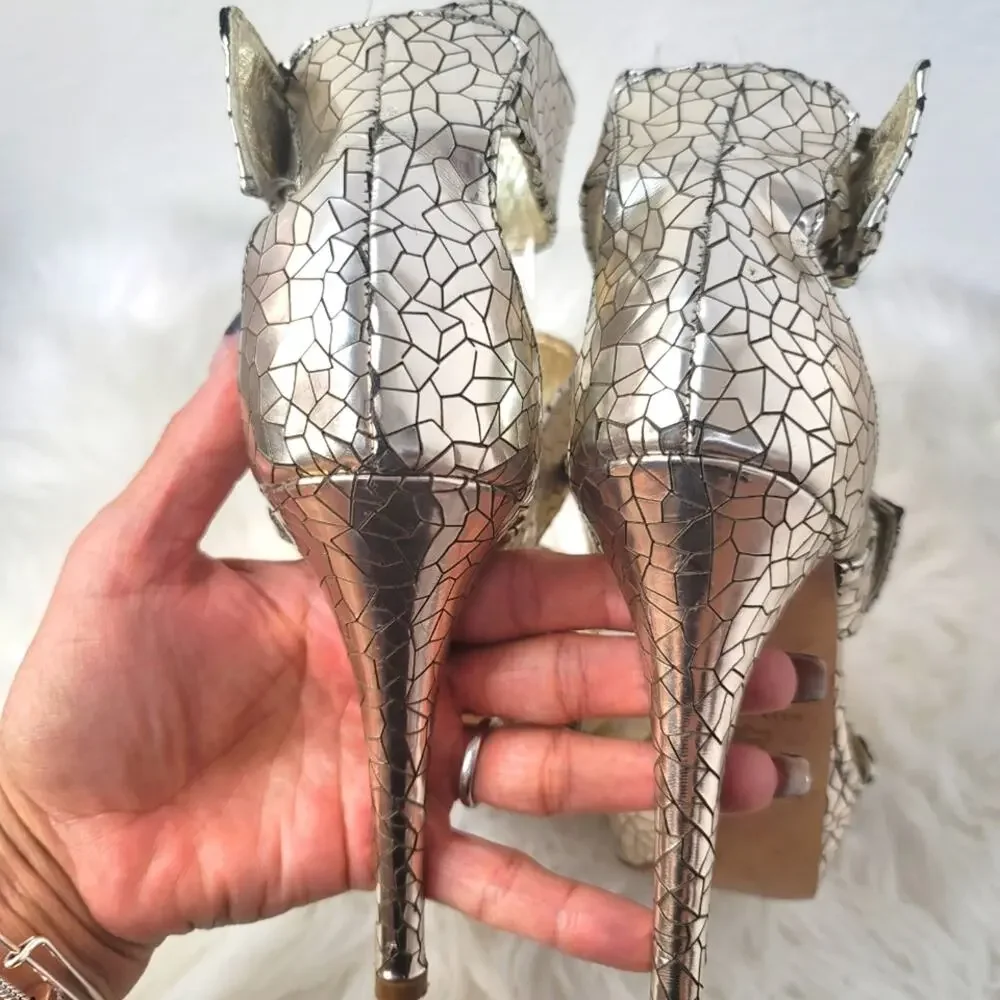 CLAUDIA CIUTI Silver Italian Mirror Mosaic Platform Heels Rhinestone Buckle Glam